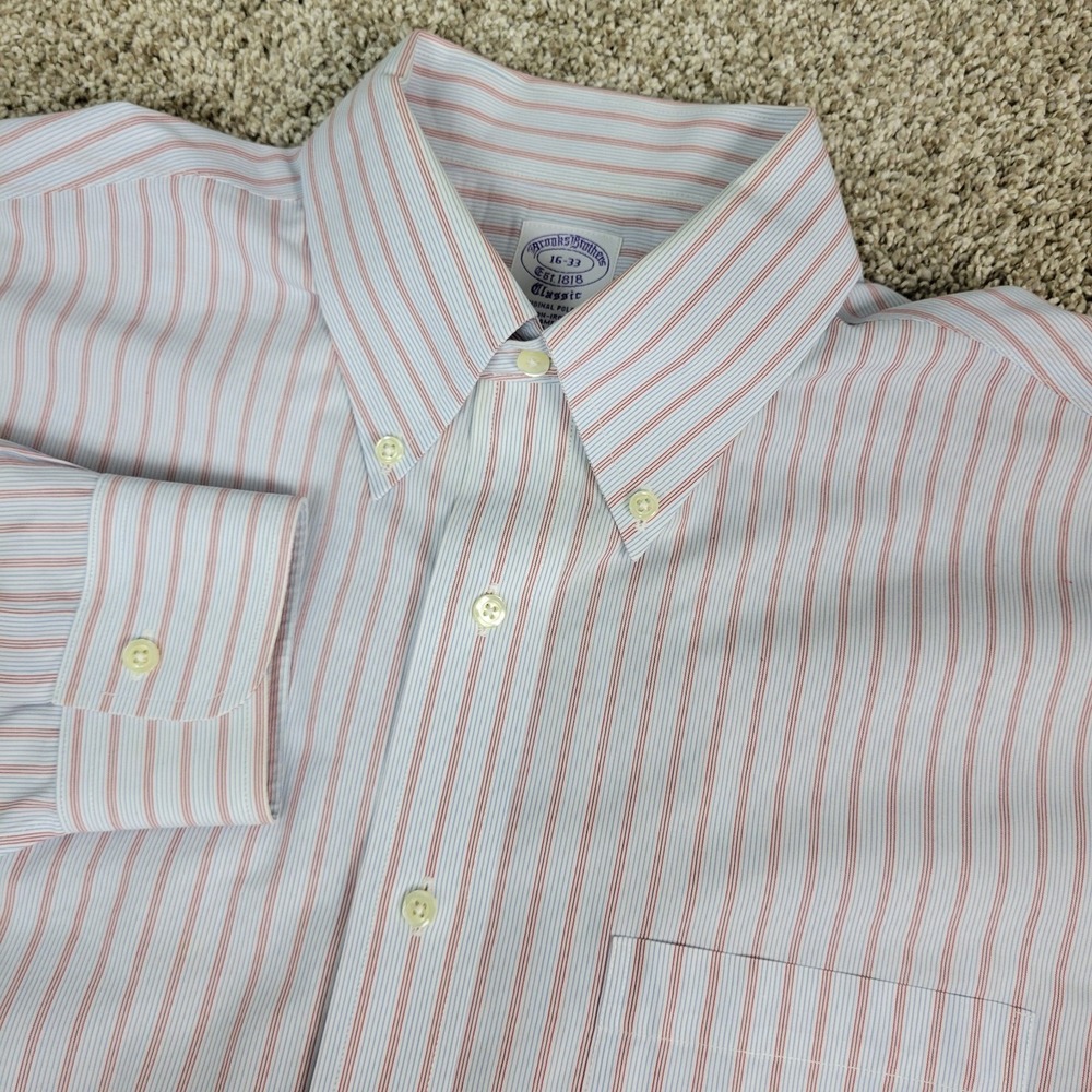 Brooks Brothers Classic Fit Mens 16-33 Blue Red Striped Button Down Long Sleeve
